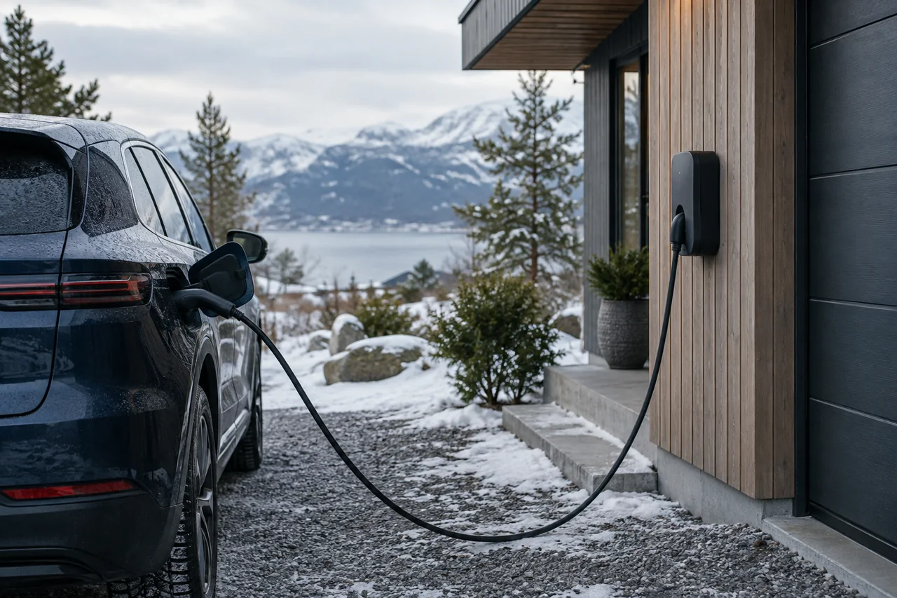 Elbil som lades hjemme ved en norsk bolig