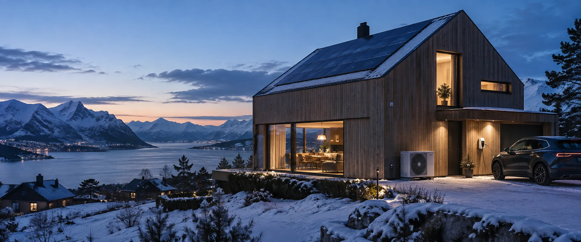 Moderne norsk bolig med solceller, varmepumpe og elbillading ved en fjord